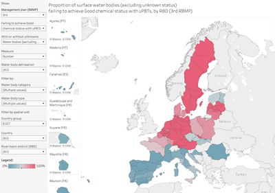 Surface water bodies: proportion failing to achieve good chemical status with and without uPBT, by RBD [map].