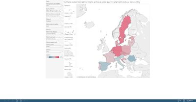 Surface water bodies: proportion failing to achieve good quality element status, by country [map]