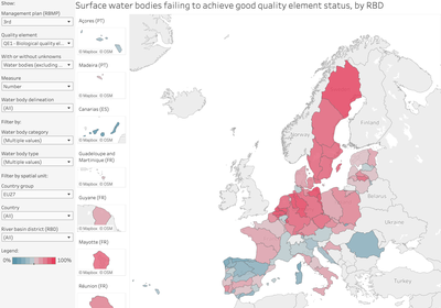 Surface water bodies: proportion failing to achieve good quality element status, by RBD [map]