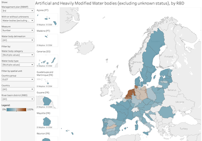 Surface water bodies: Proportion of heavily modified and artificial water bodies, by RBD [map]